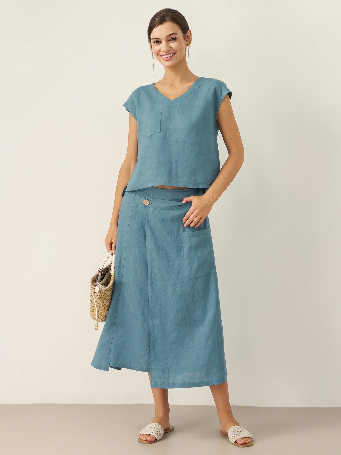 100% Linen V-Neck Cap Sleeve Crop Top FRESSA LINTICO