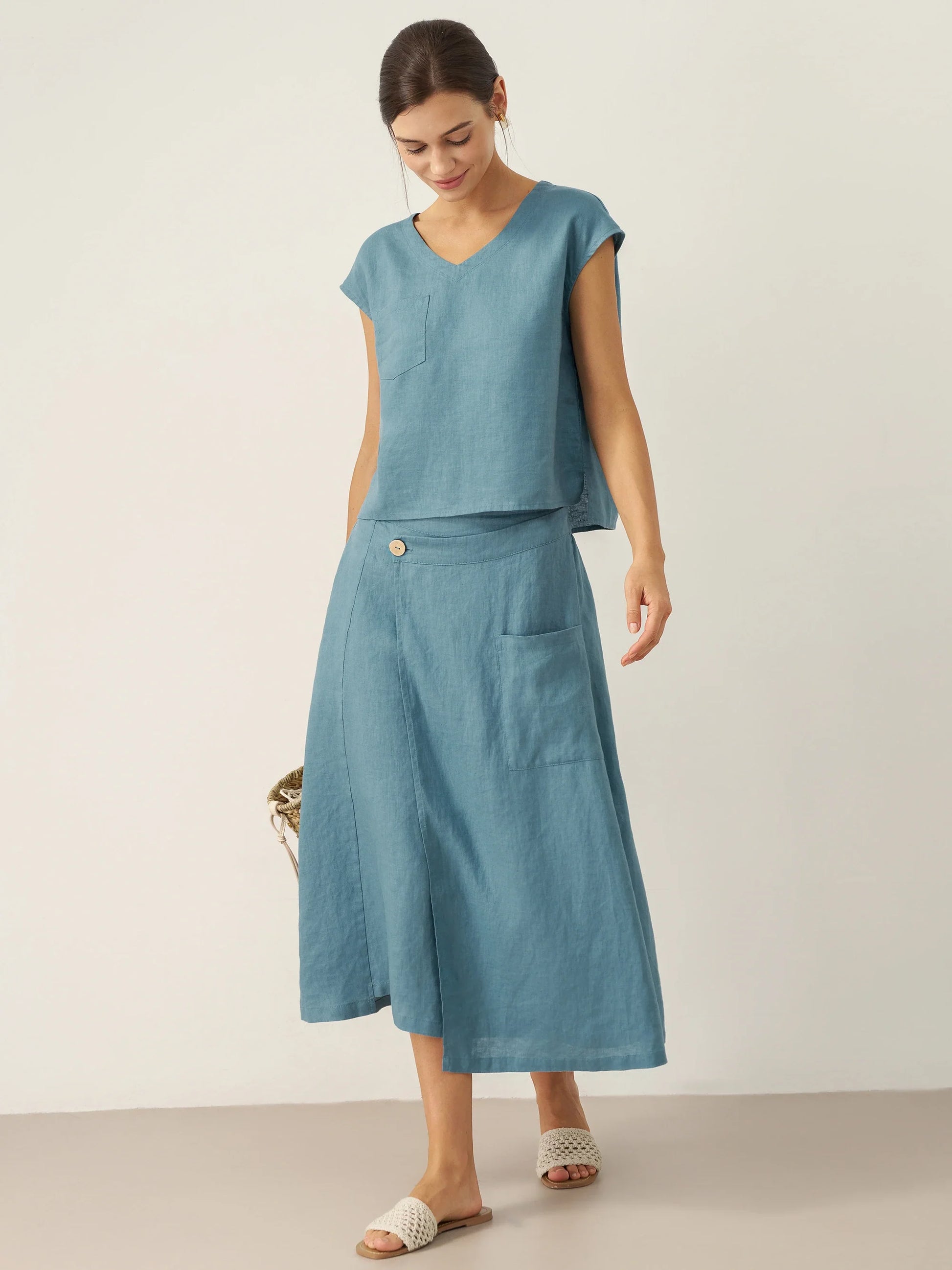 100% Linen V-Neck Cap Sleeve Crop Top FRESSA LINTICO