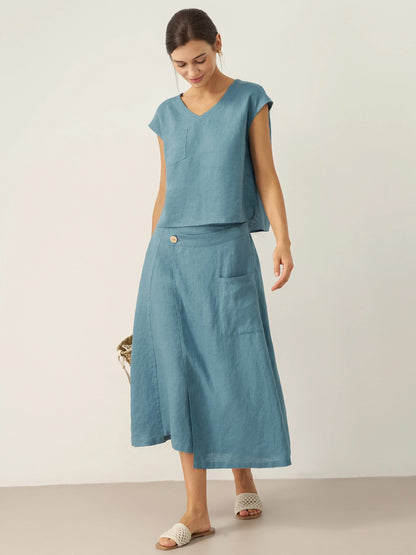 100% Linen V-Neck Cap Sleeve Crop Top FRESSA LINTICO
