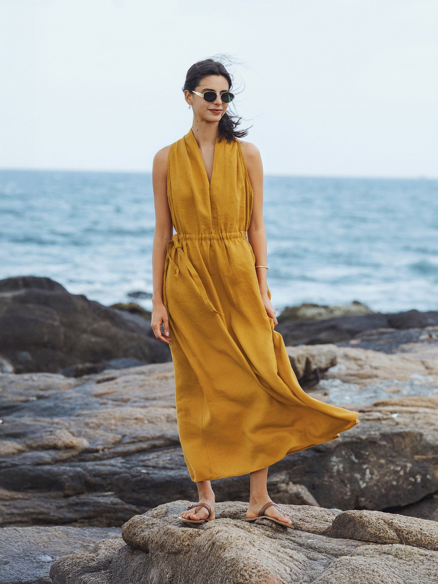 100% Linen V-Neck Halter Maxi Dress BETH LINTICO