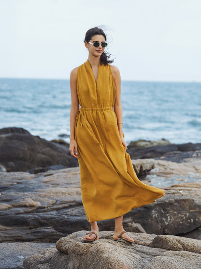 100% Linen V-Neck Halter Maxi Dress BETH LINTICO