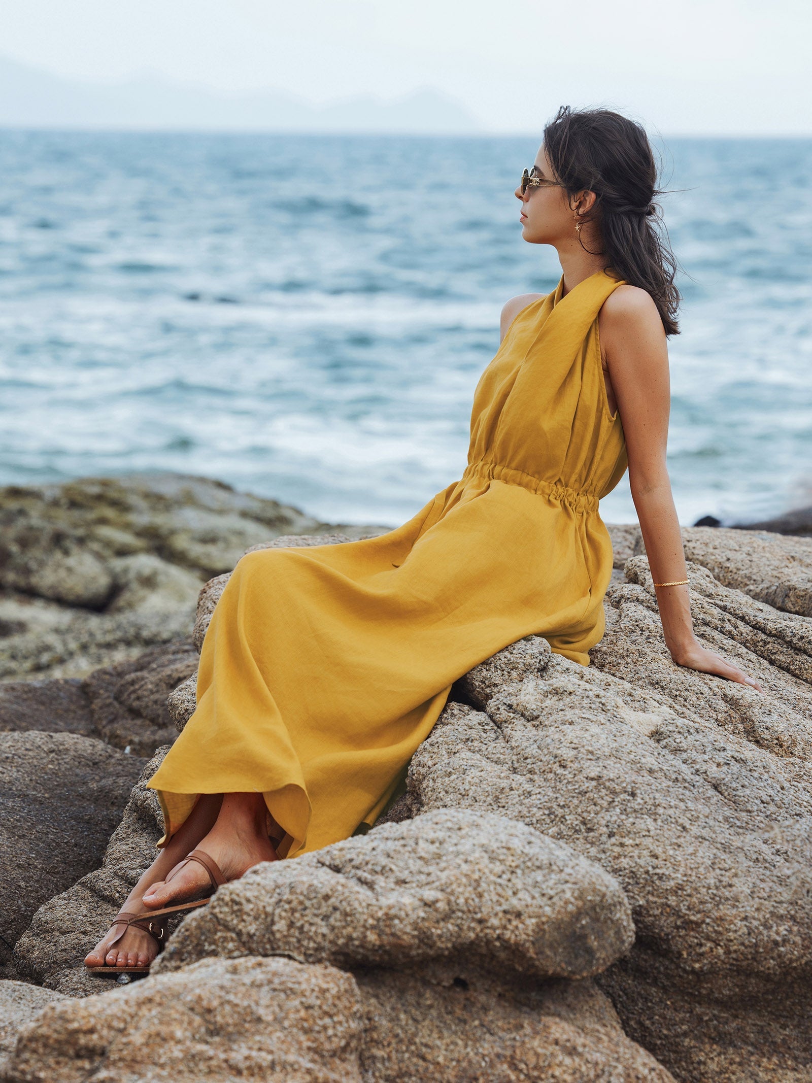 100% Linen V-Neck Halter Maxi Dress BETH LINTICO