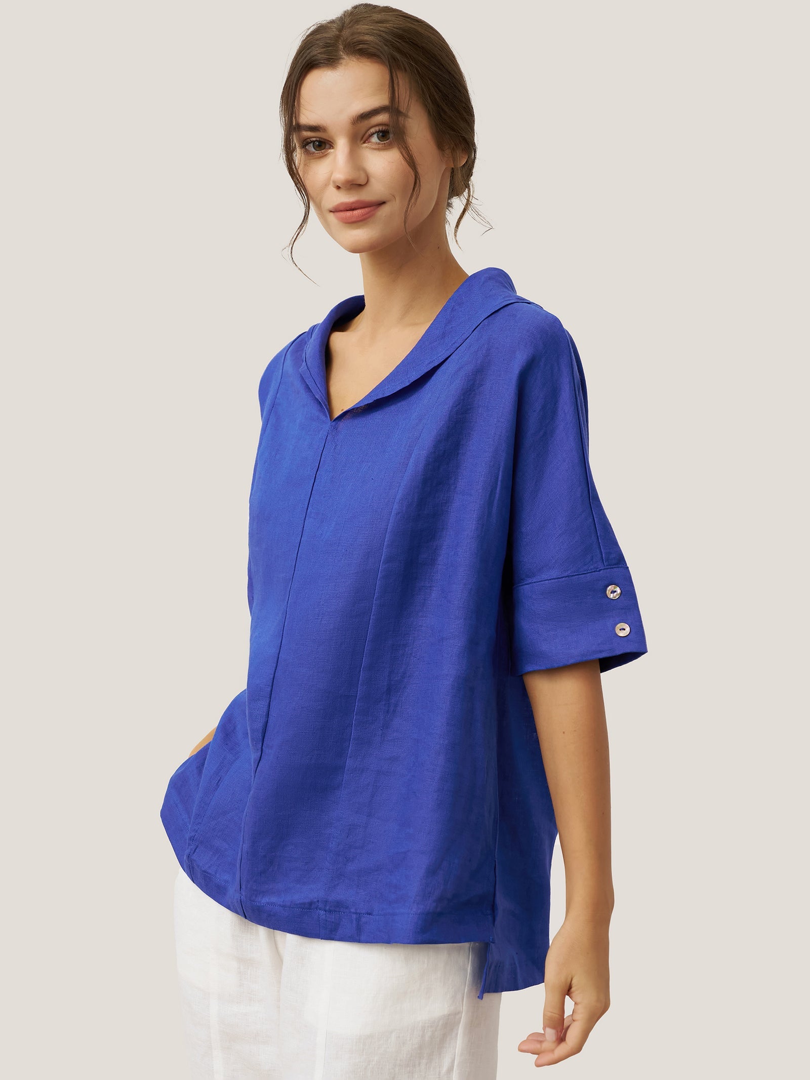 100% Linen V-Neck Short Sleeve Shirt SIERRA LINTICO