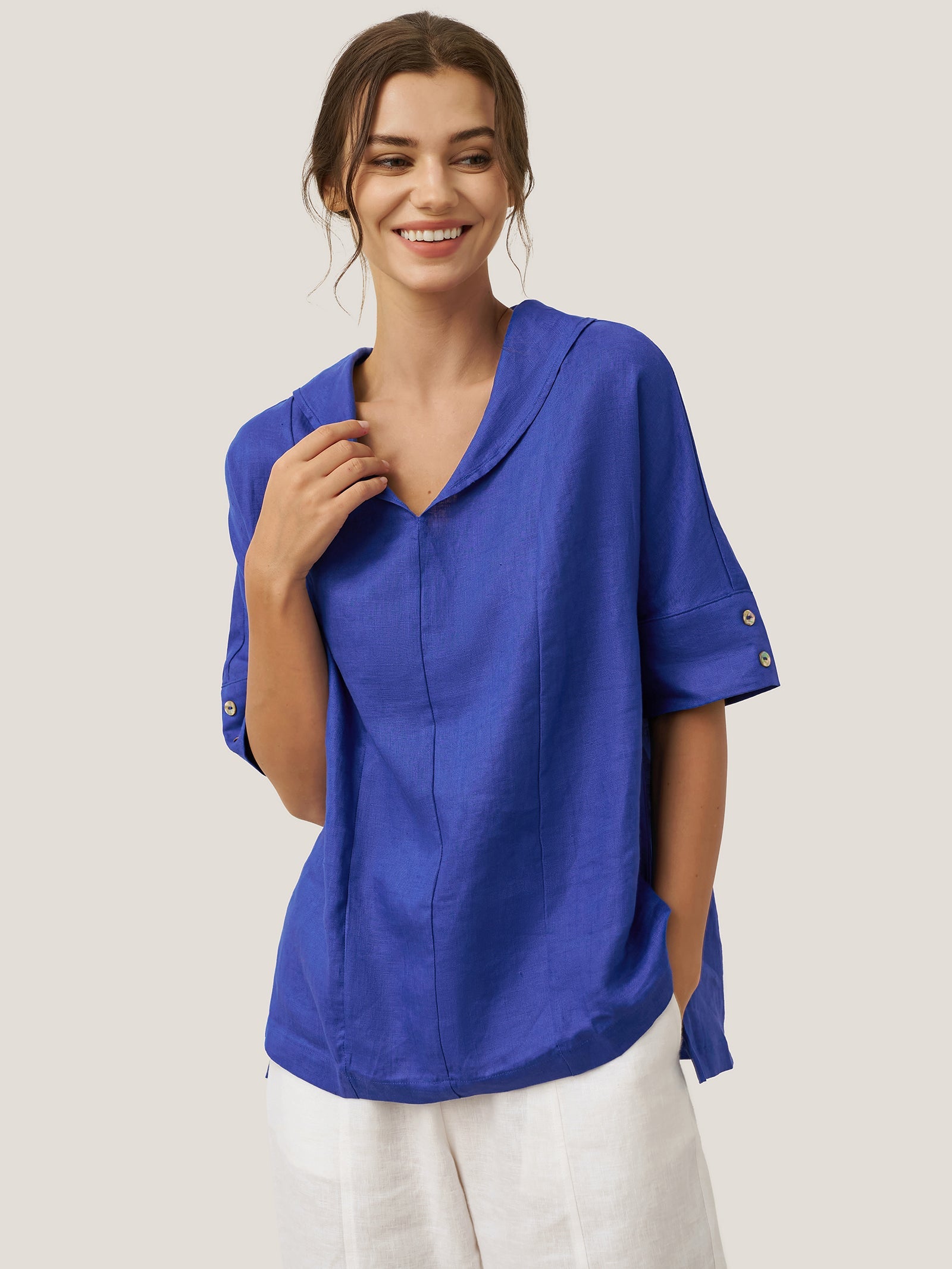 100% Linen V-Neck Short Sleeve Shirt SIERRA LINTICO