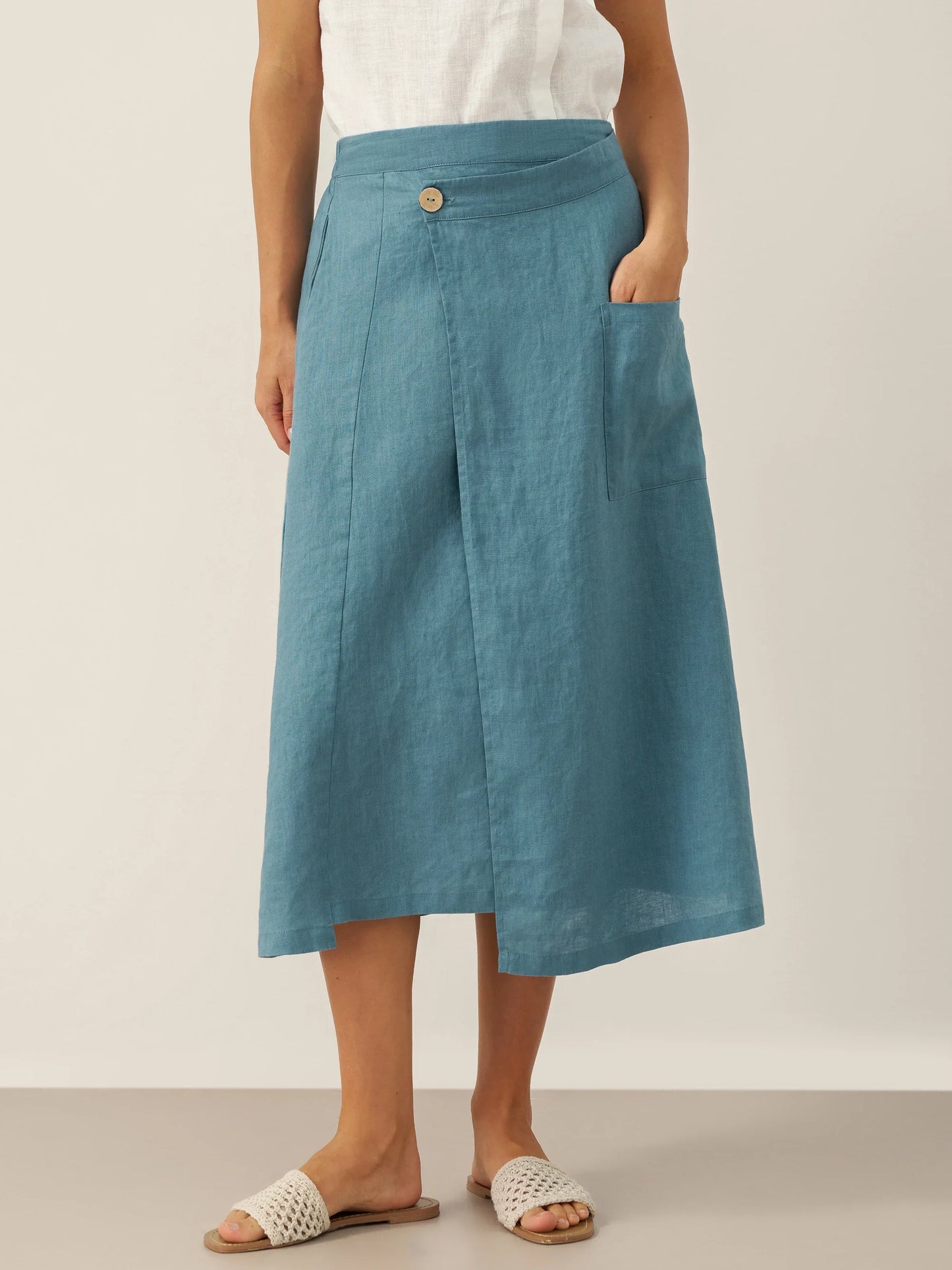 100% Linen Elastic Waist Angled Wrap Skirt FRESSA LINTICO
