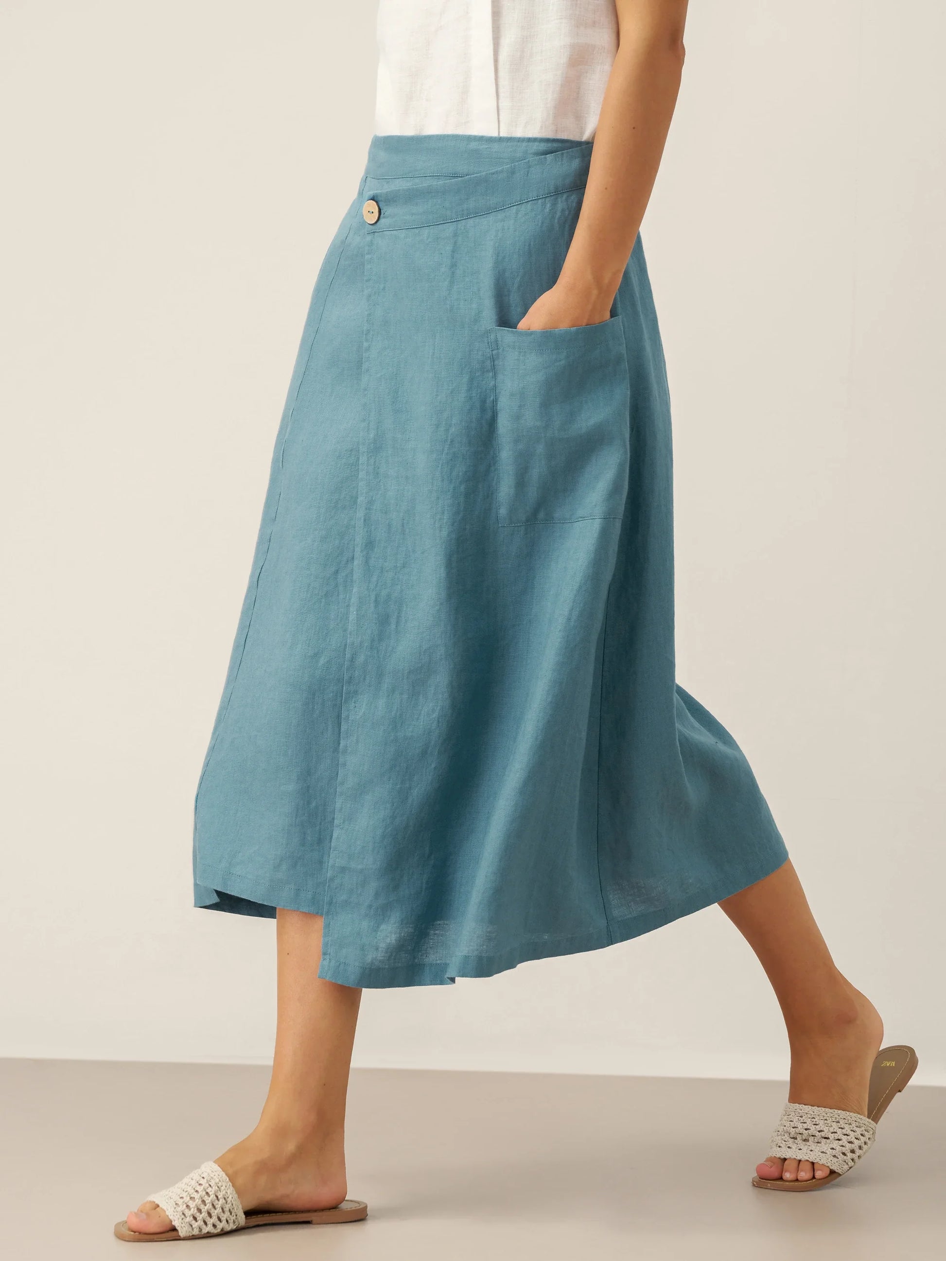 100% Linen Elastic Waist Angled Wrap Skirt FRESSA LINTICO