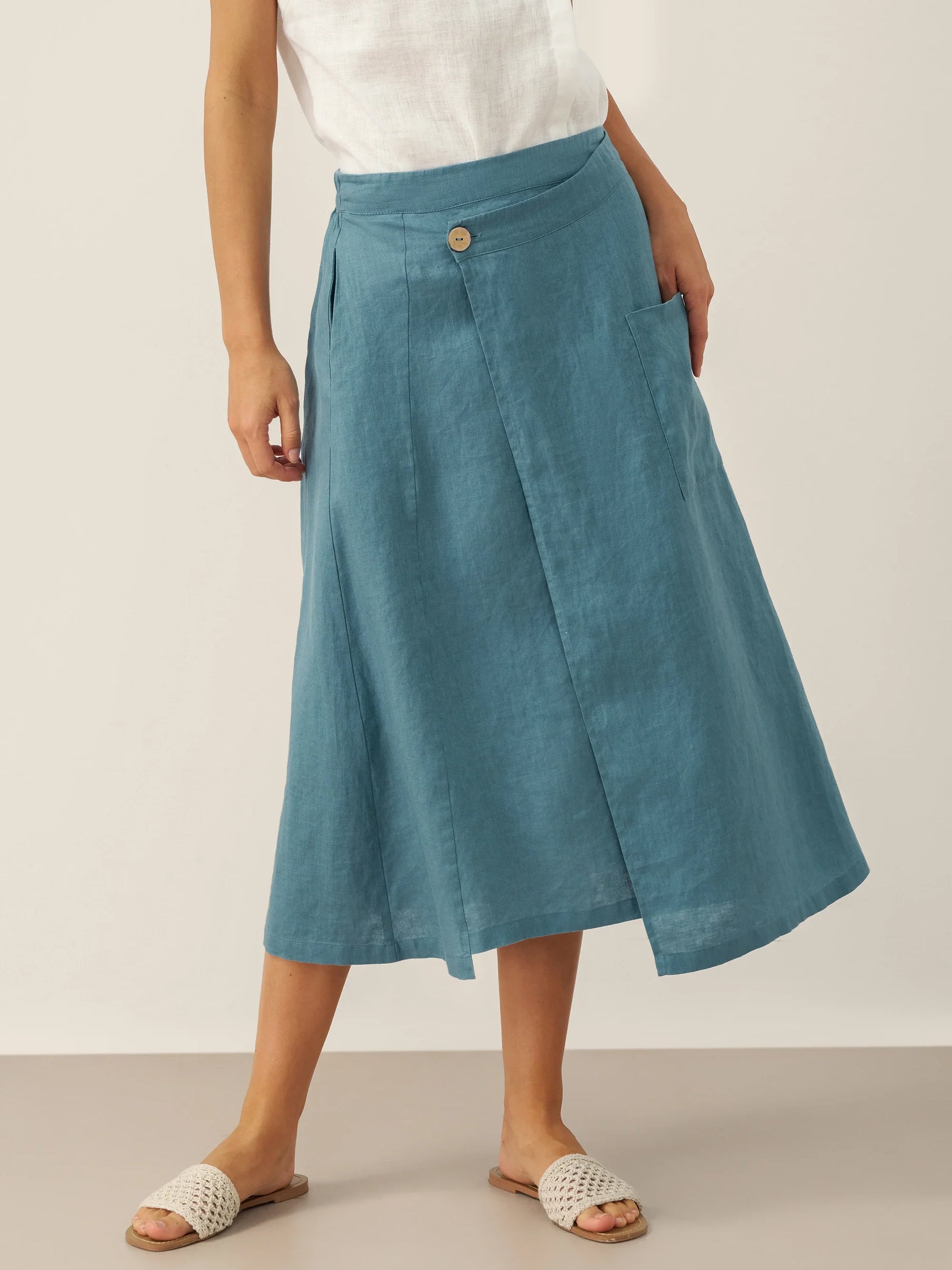 100% Linen Elastic Waist Angled Wrap Skirt FRESSA LINTICO