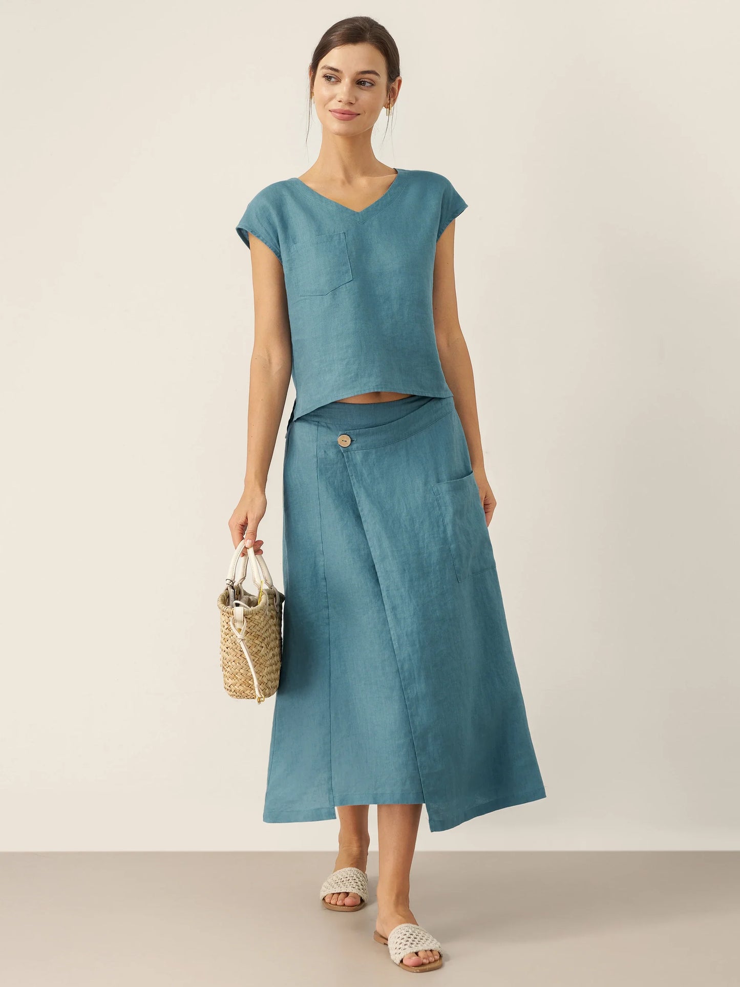 100% Linen Elastic Waist Angled Wrap Skirt FRESSA LINTICO