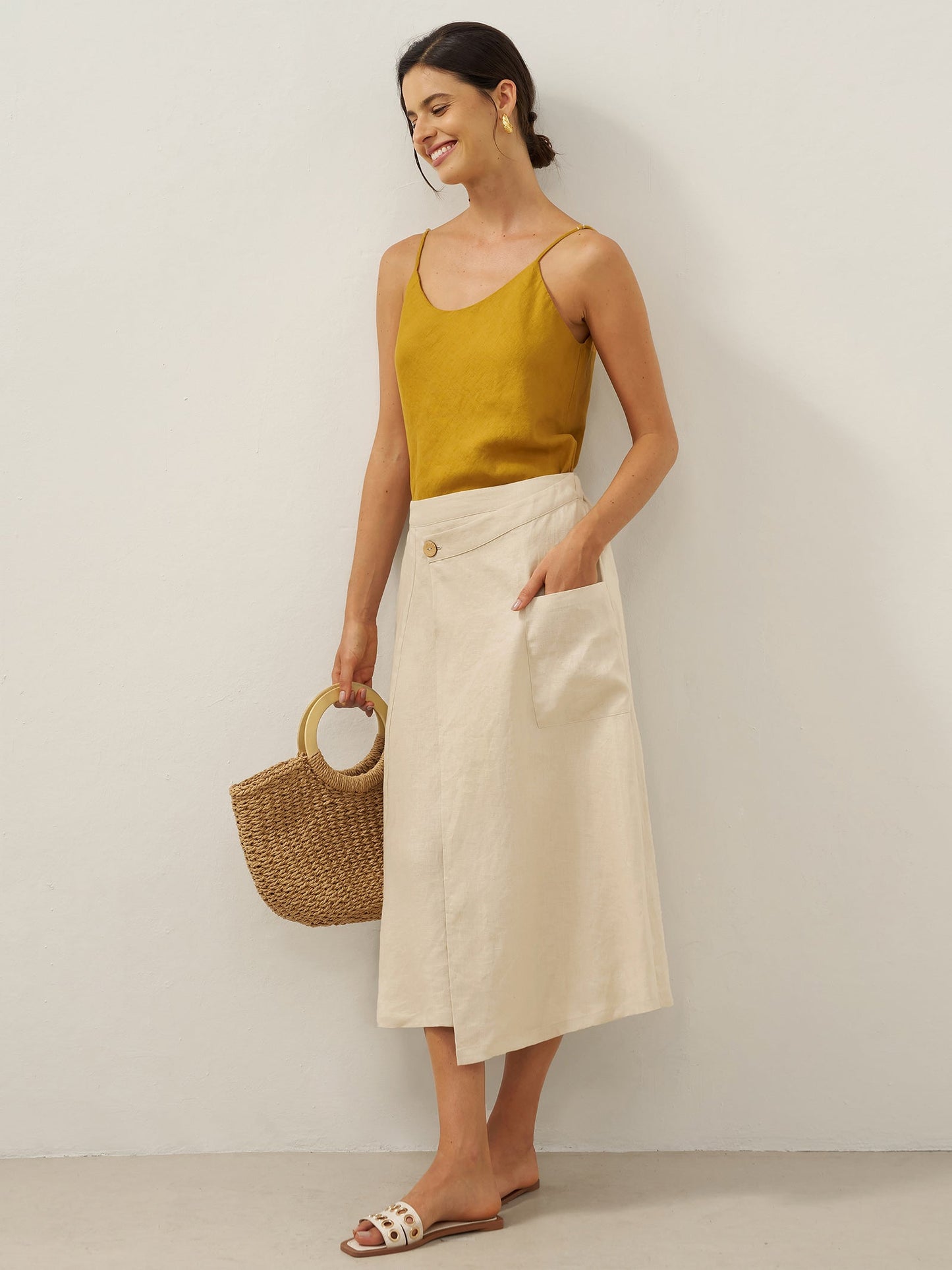 100% Linen Elastic Waist Angled Wrap Skirt FRESSA LINTICO