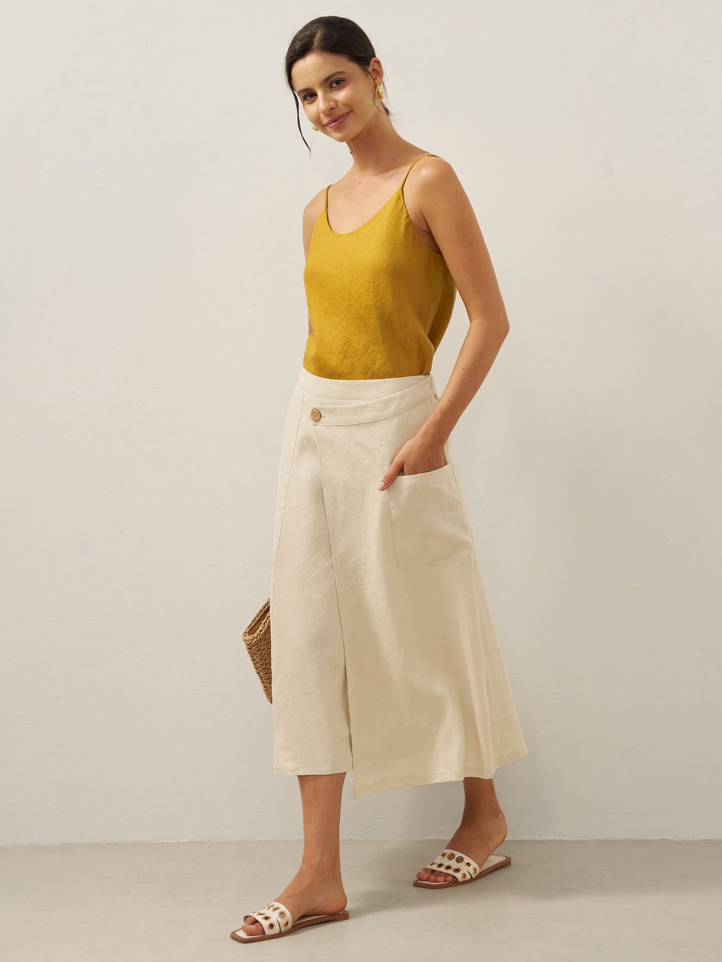 100% Linen Elastic Waist Angled Wrap Skirt FRESSA LINTICO