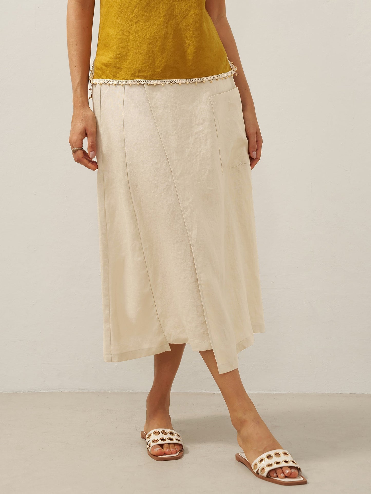 100% Linen Elastic Waist Angled Wrap Skirt FRESSA LINTICO