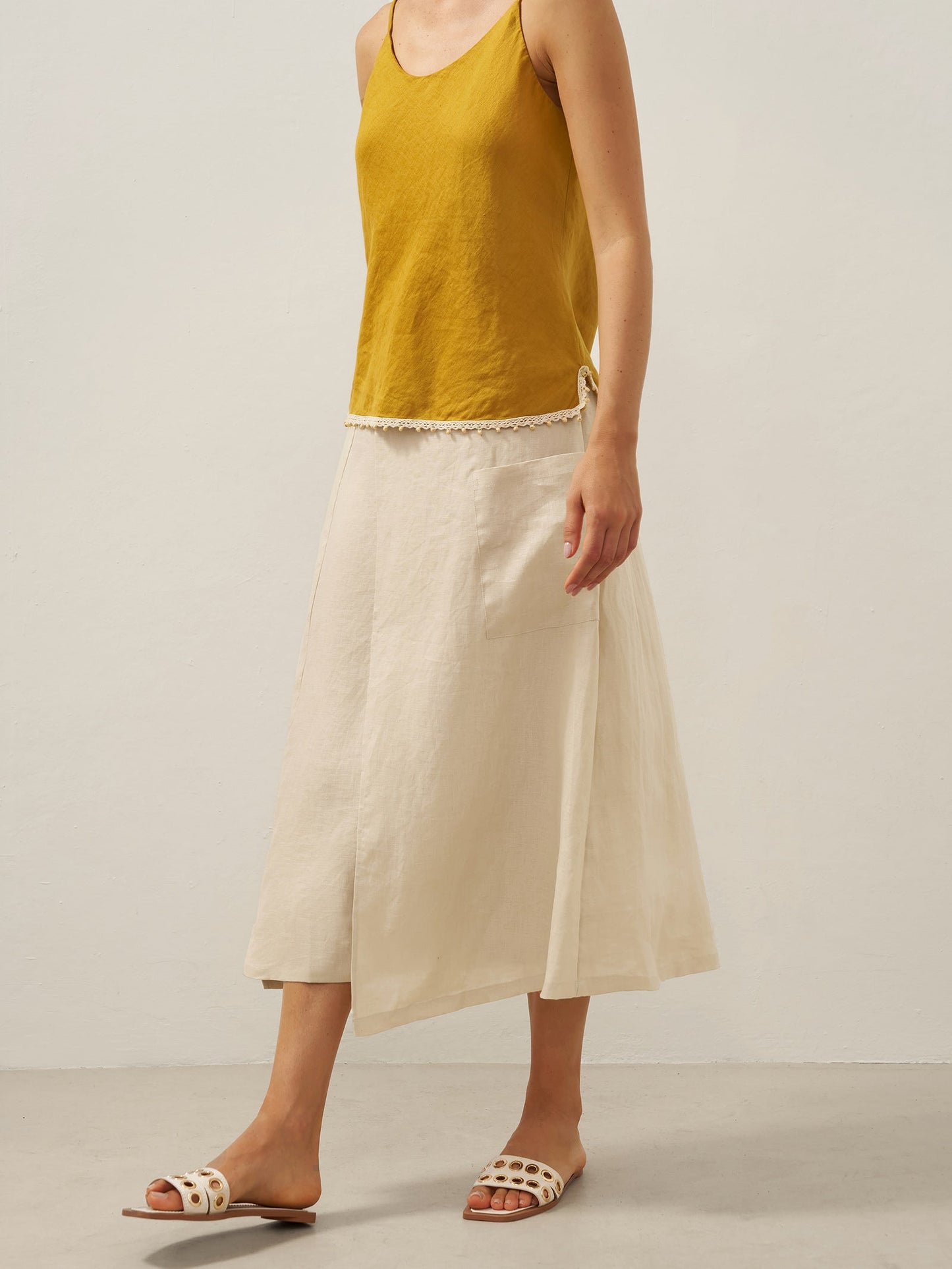 100% Linen Elastic Waist Angled Wrap Skirt FRESSA LINTICO