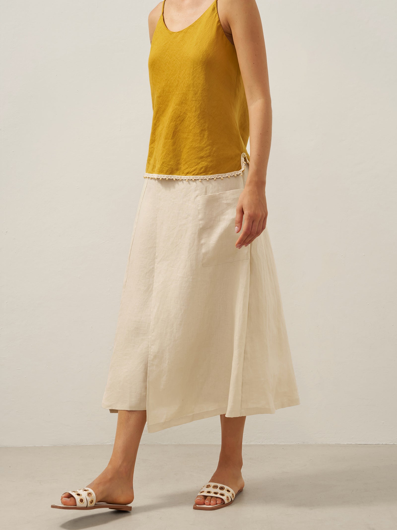 100% Linen Elastic Waist Angled Wrap Skirt FRESSA LINTICO