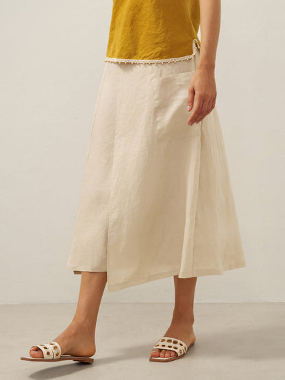 100% Linen Elastic Waist Angled Wrap Skirt FRESSA LINTICO