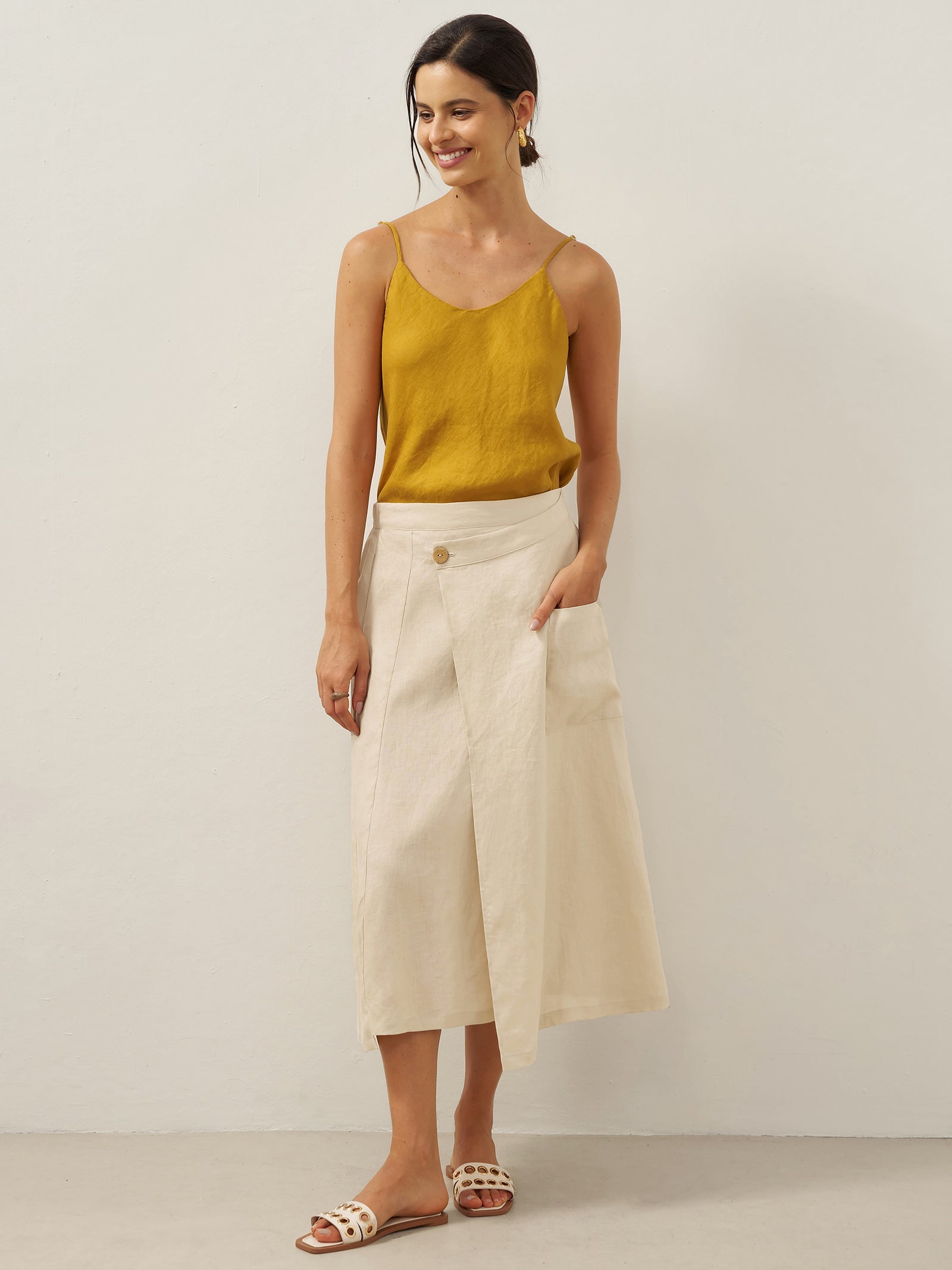 100% Linen Elastic Waist Angled Wrap Skirt FRESSA LINTICO