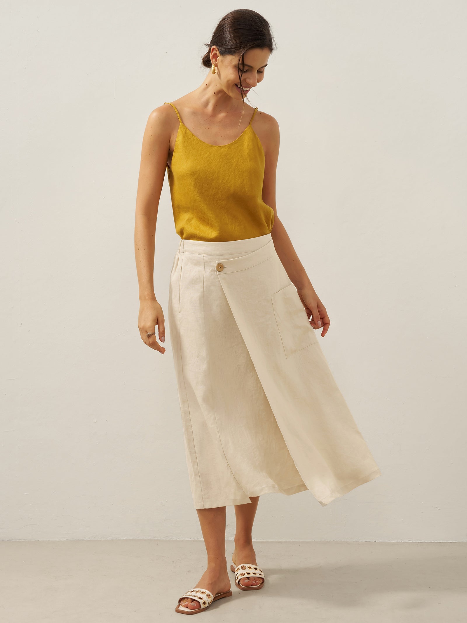 100% Linen Elastic Waist Angled Wrap Skirt FRESSA LINTICO