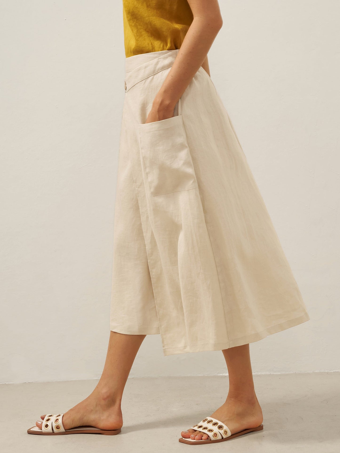 100% Linen Elastic Waist Angled Wrap Skirt FRESSA LINTICO