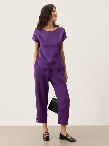 100% Linen Artisan Button Tapered Pants KATHERINE LINTICO
