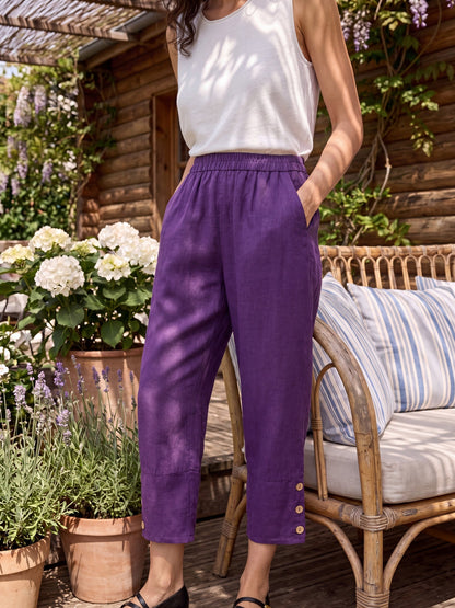 100% Linen Artisan Button Tapered Pants KATHERINE LINTICO