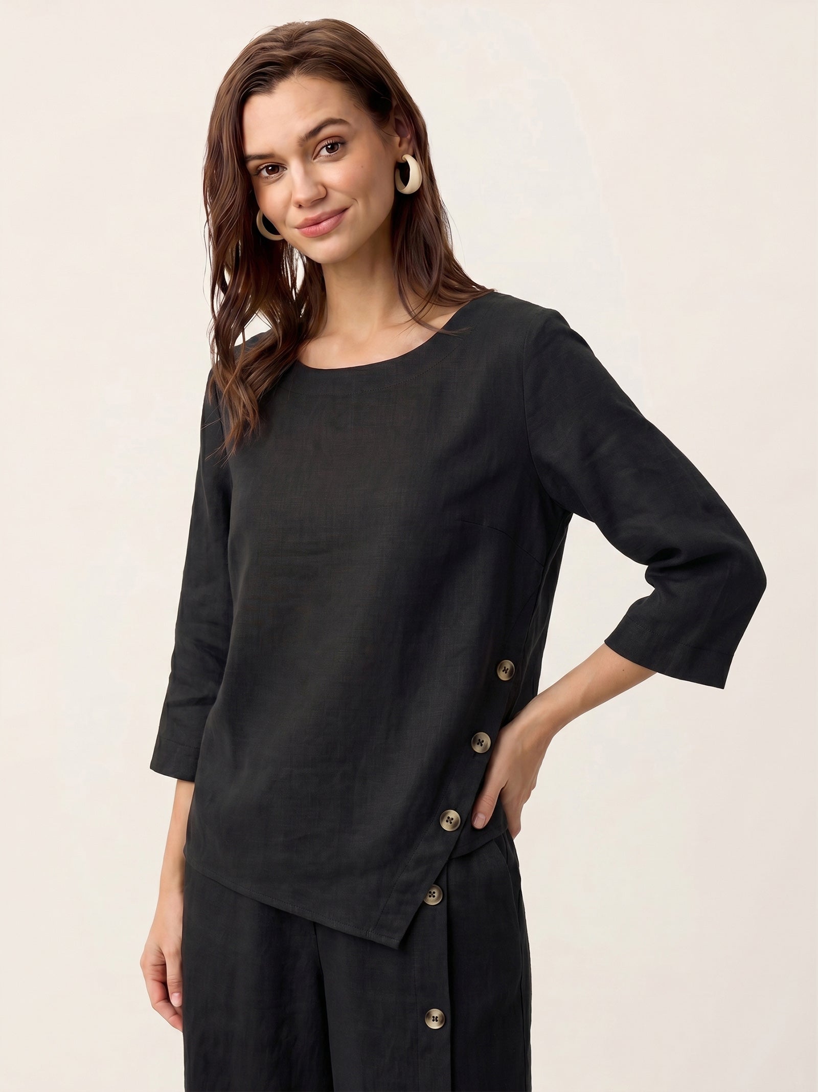 100% Linen Asymmetric-Hem Button-Trim Top NYLA LINTICO