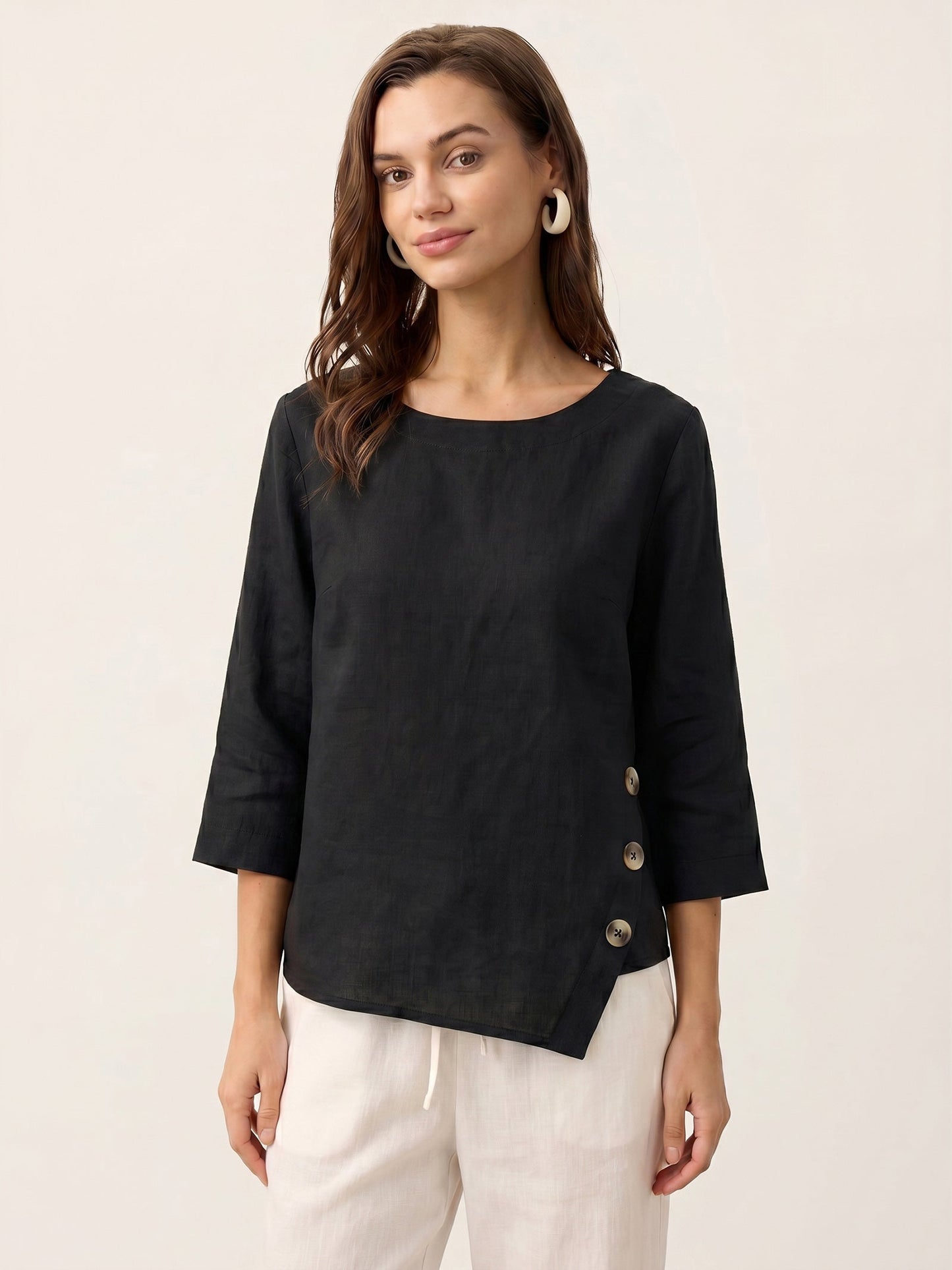 100% Linen Asymmetric-Hem Button-Trim Top NYLA LINTICO