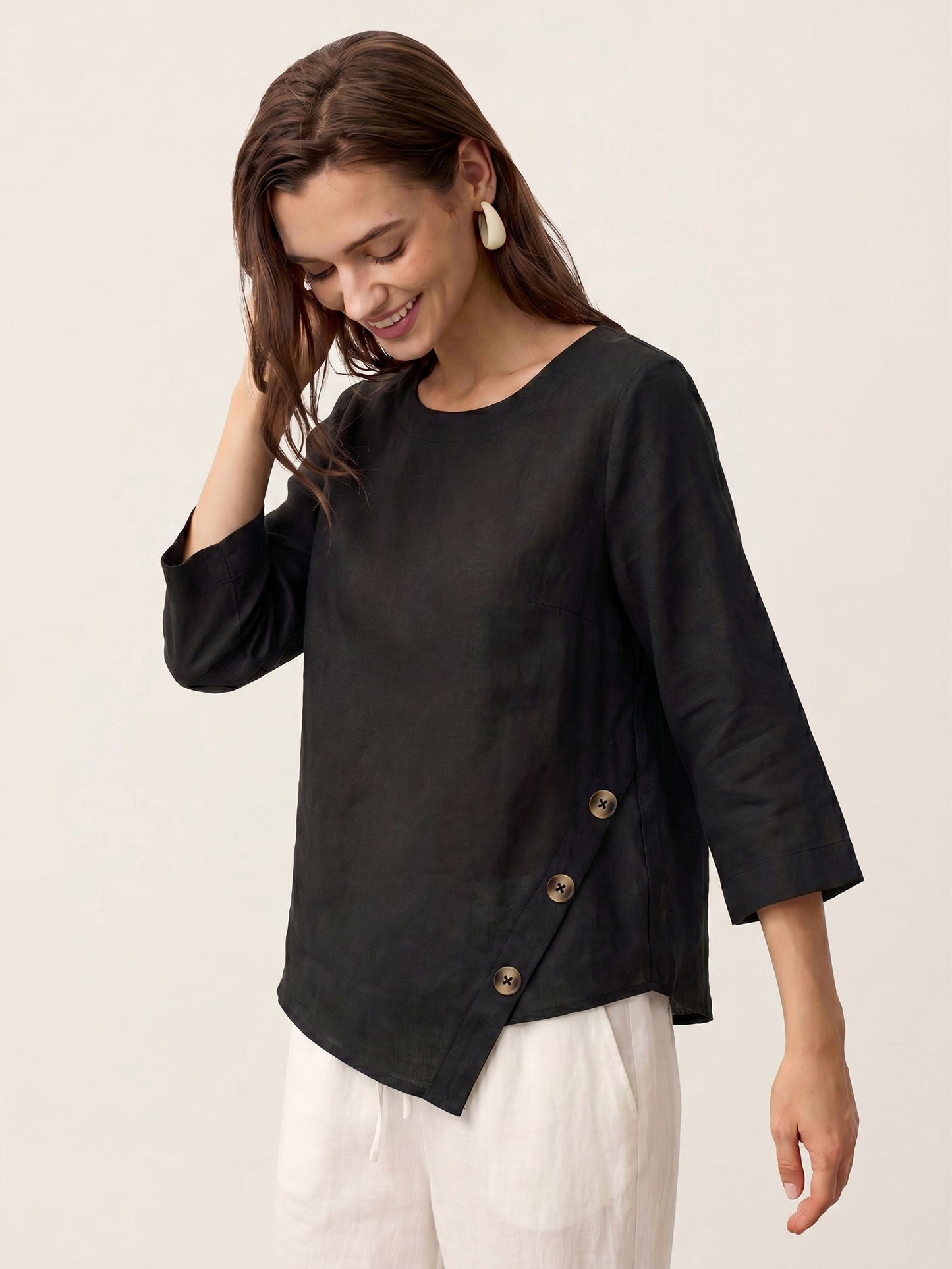 100% Linen Asymmetric-Hem Button-Trim Top NYLA LINTICO