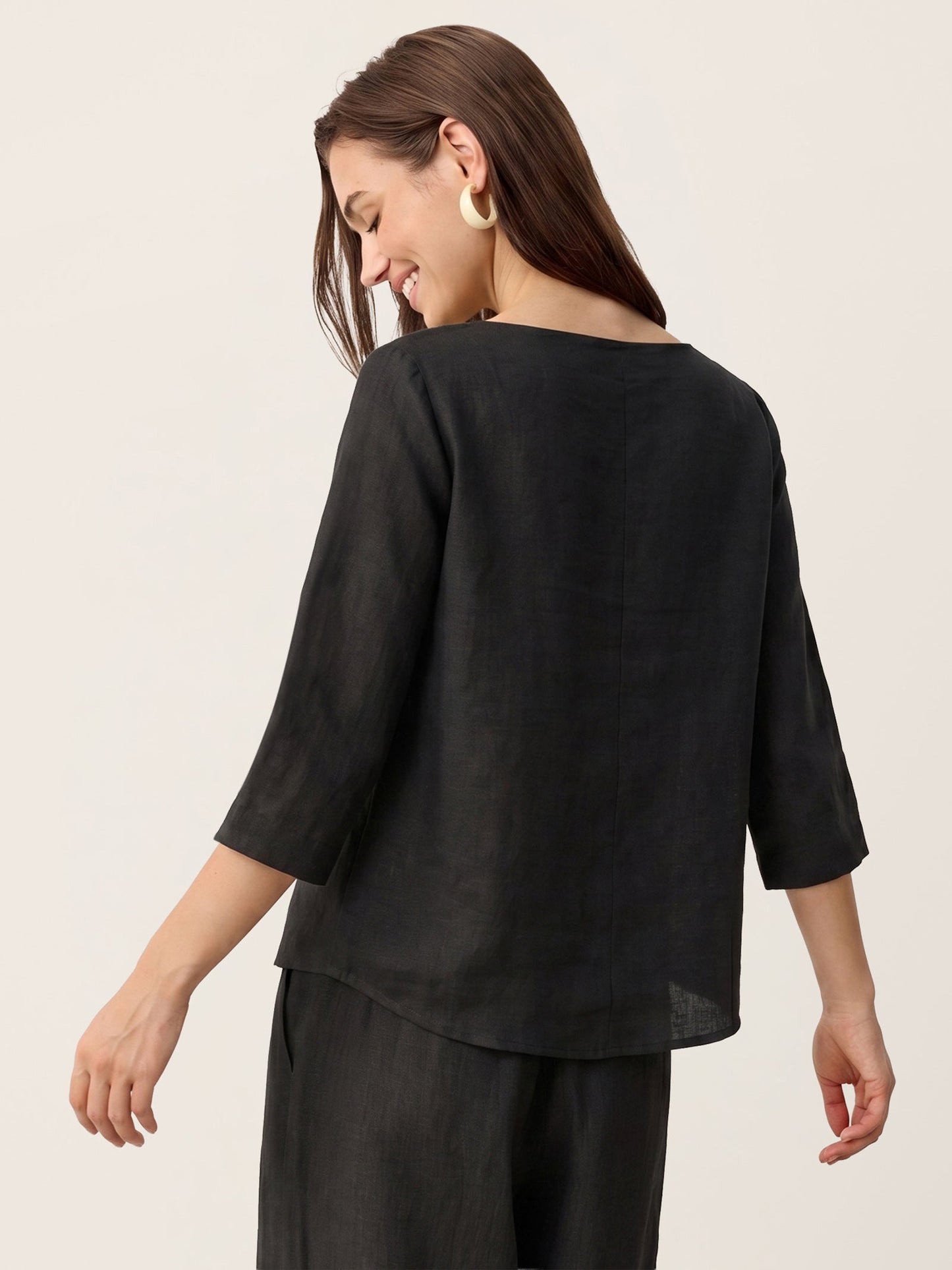 100% Linen Asymmetric-Hem Button-Trim Top NYLA LINTICO