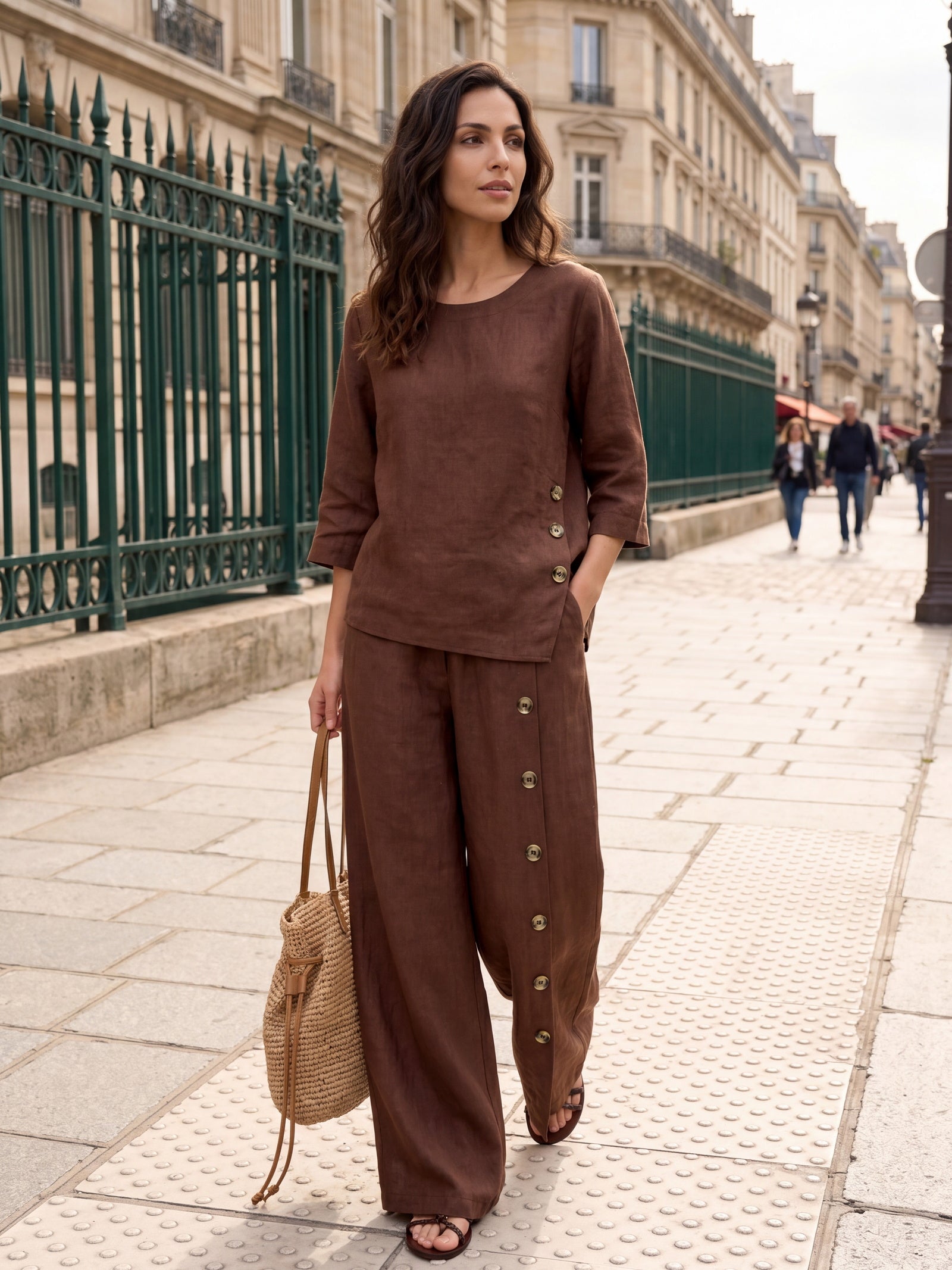 100% Linen Buttoned Slit-Hem Pants KATYA LINTICO