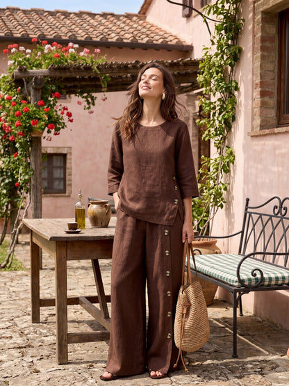 100% Linen Asymmetric-Hem Button-Trim Top NYLA LINTICO