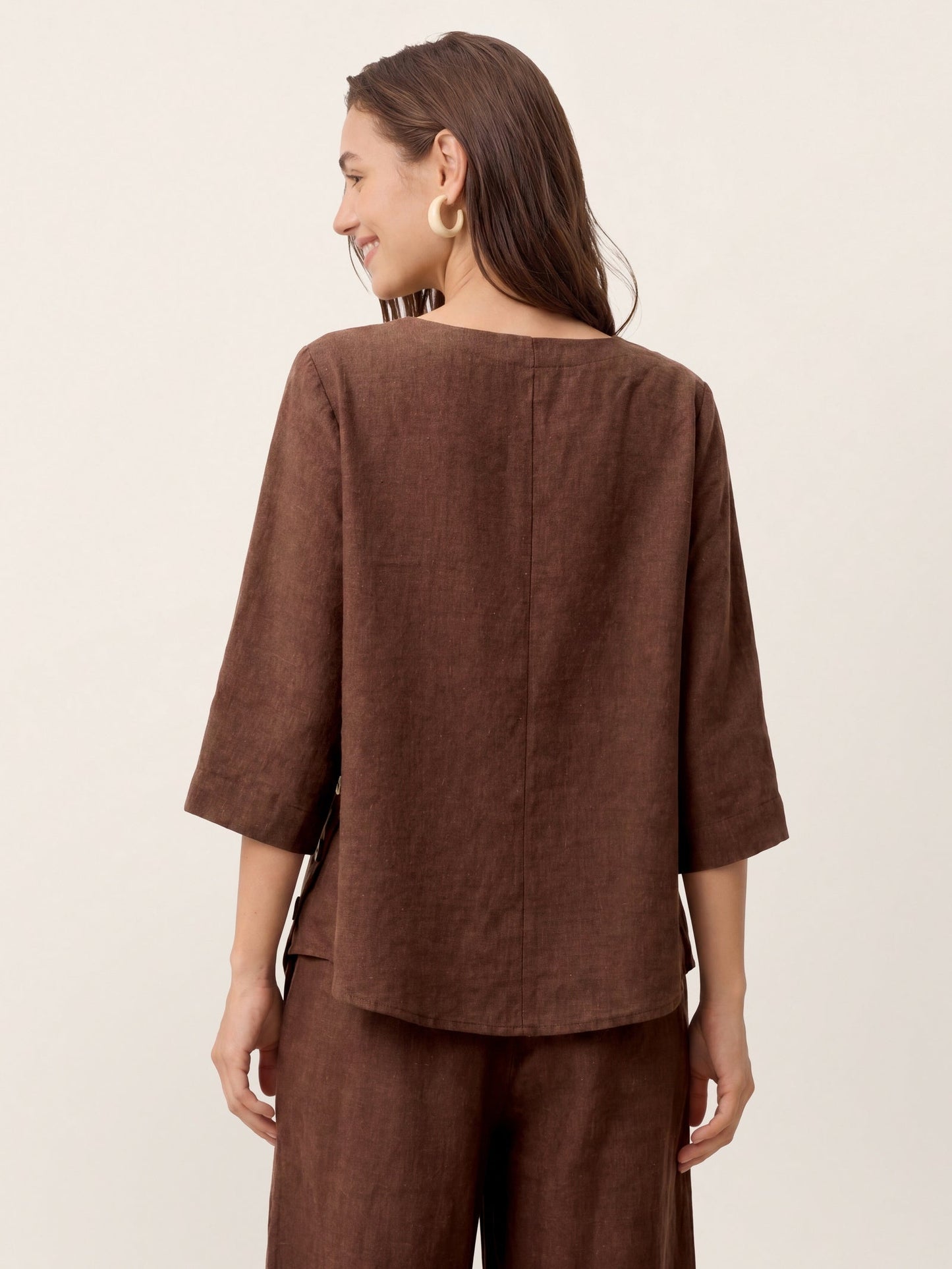 100% Linen Asymmetric-Hem Button-Trim Top NYLA LINTICO