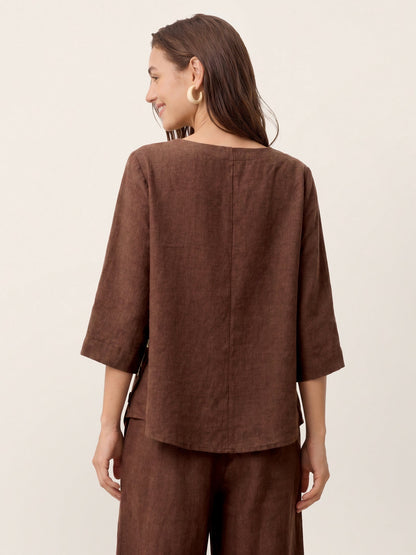 100% Linen Asymmetric-Hem Button-Trim Top NYLA LINTICO