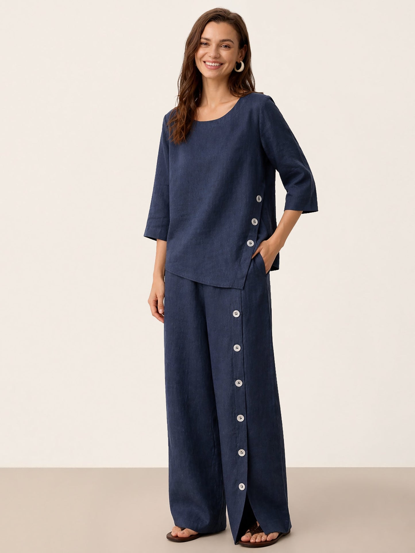 100% Linen Asymmetric-Hem Button-Trim Top NYLA LINTICO