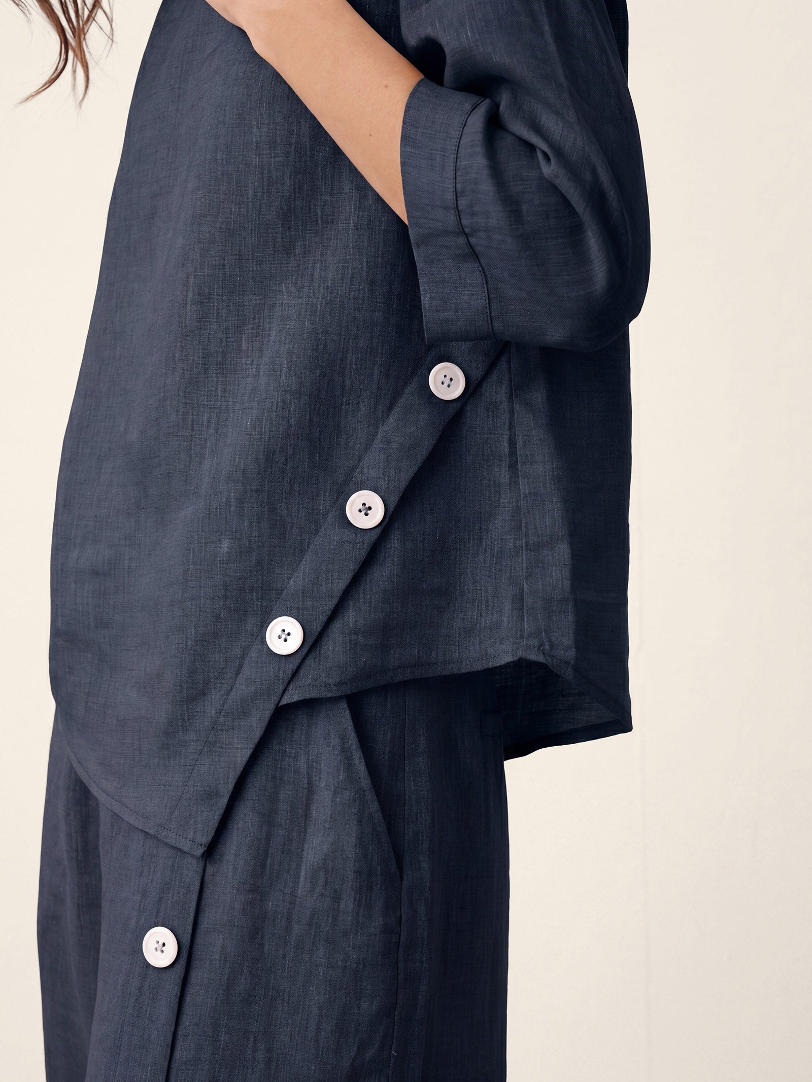 100% Linen Asymmetric-Hem Button-Trim Top NYLA LINTICO