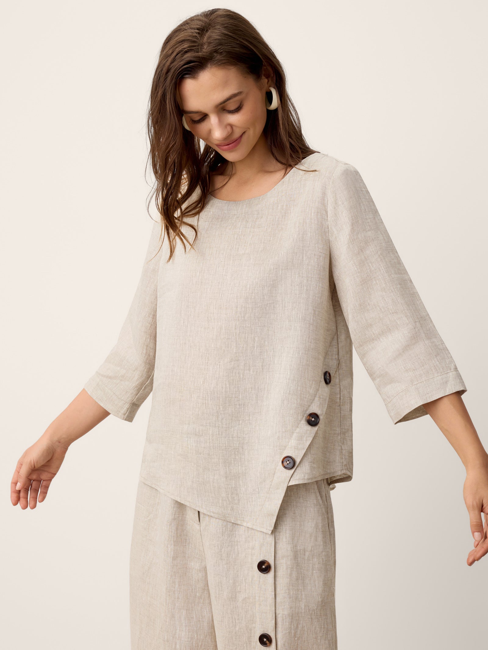 100% Linen Asymmetric-Hem Button-Trim Top NYLA LINTICO