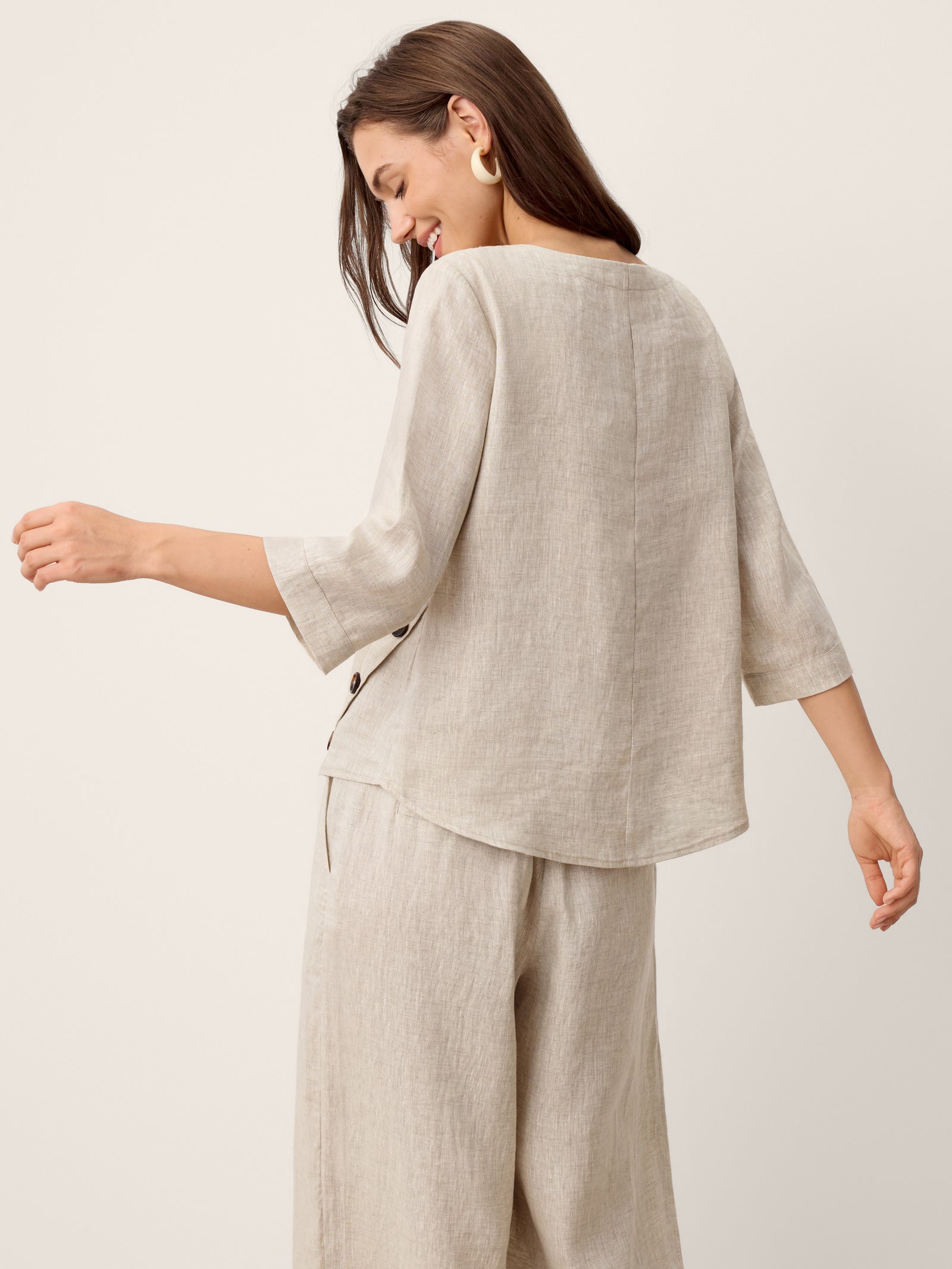 100% Linen Asymmetric-Hem Button-Trim Top NYLA LINTICO