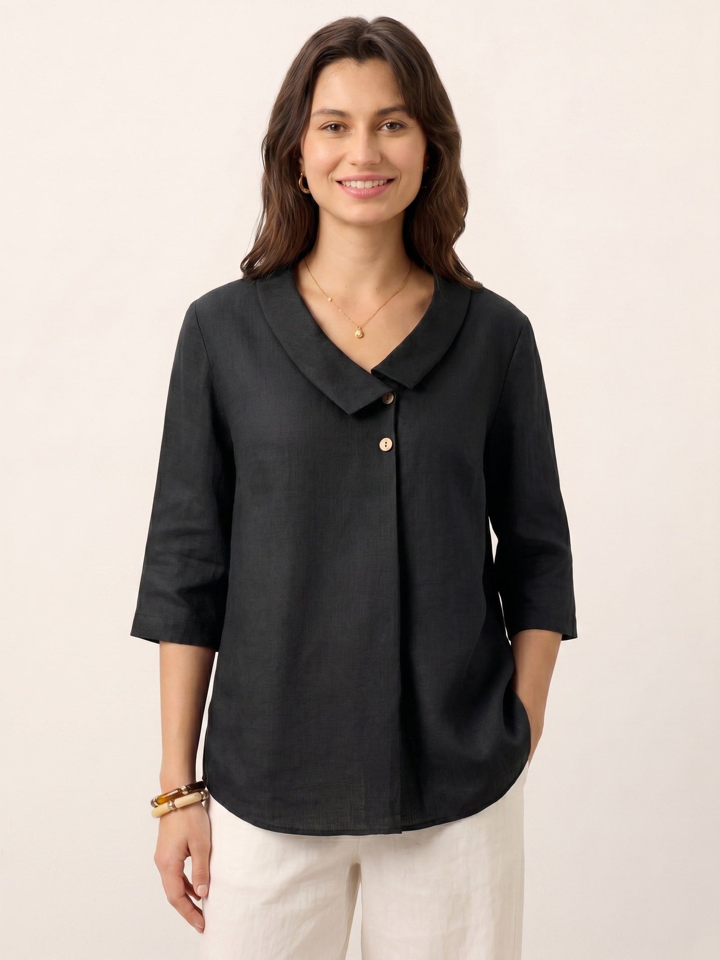 100% Linen Asymmetric Collar Inverted Pleat Top OTTILIE LINTICO