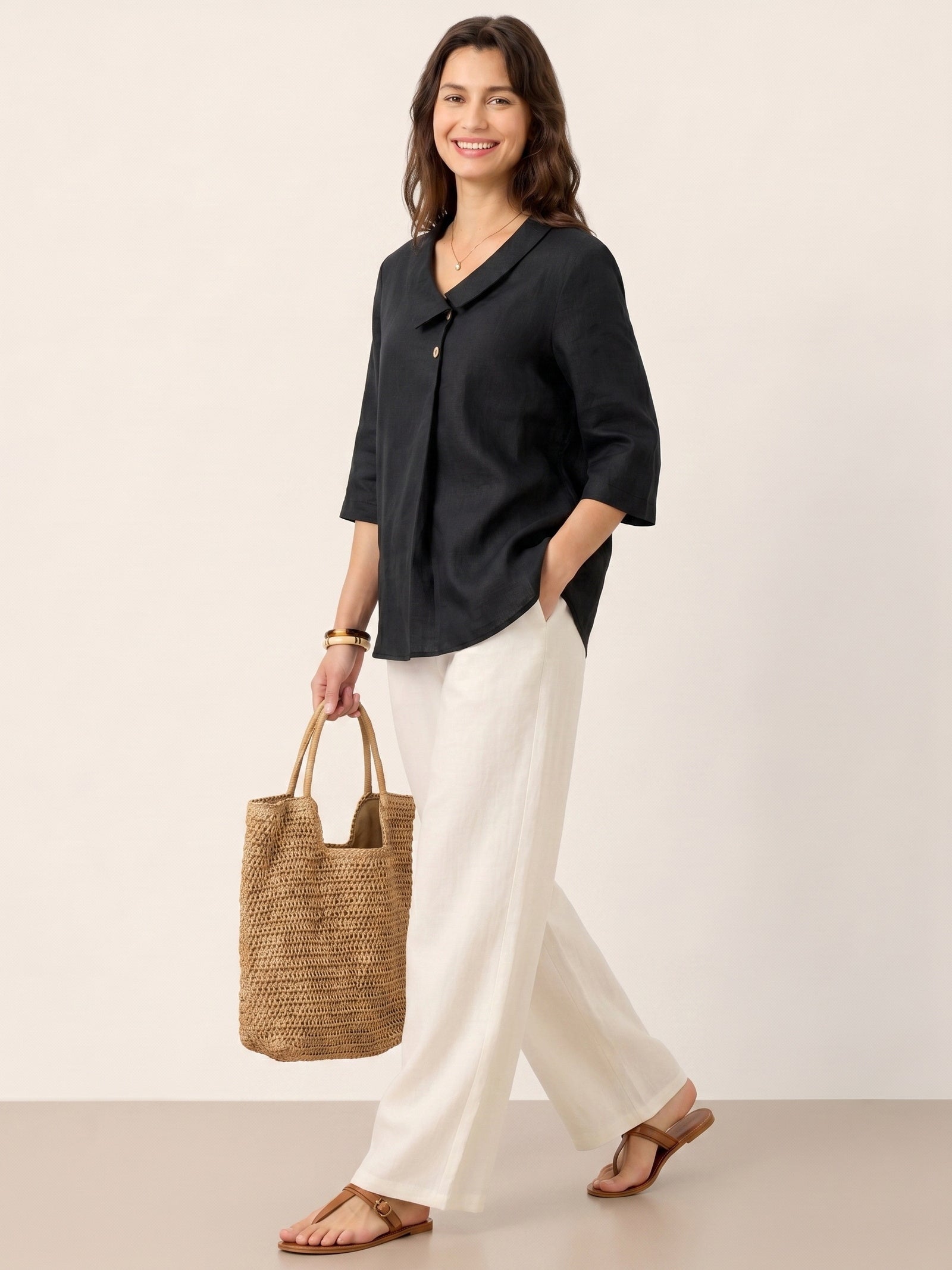 100% Linen Asymmetric Collar Inverted Pleat Top OTTILIE LINTICO