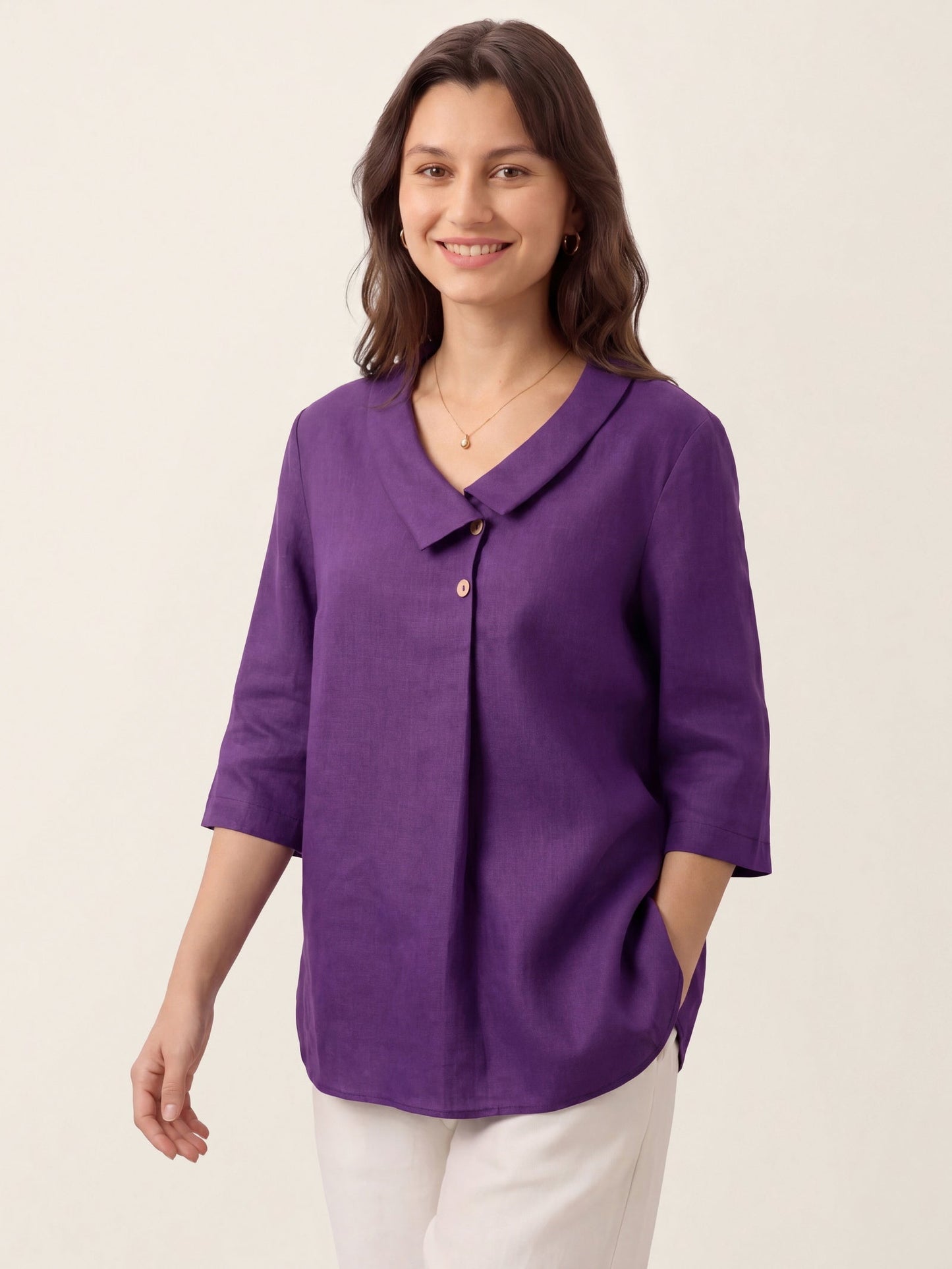 100% Linen Asymmetric Collar Inverted Pleat Top OTTILIE LINTICO