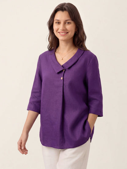 100% Linen Asymmetric Collar Inverted Pleat Top OTTILIE LINTICO