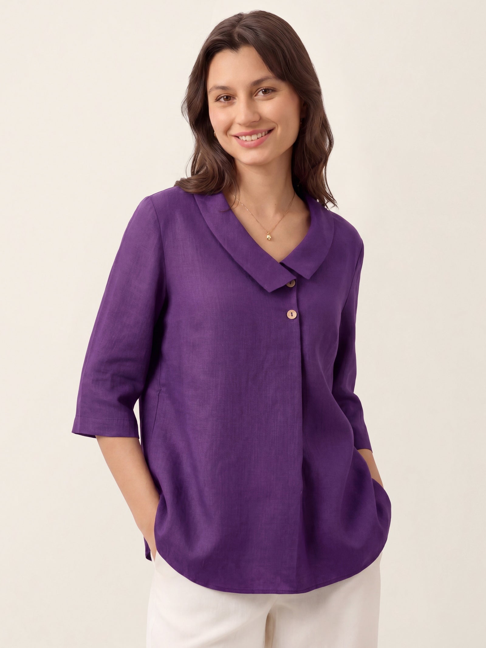100% Linen Asymmetric Collar Inverted Pleat Top OTTILIE LINTICO