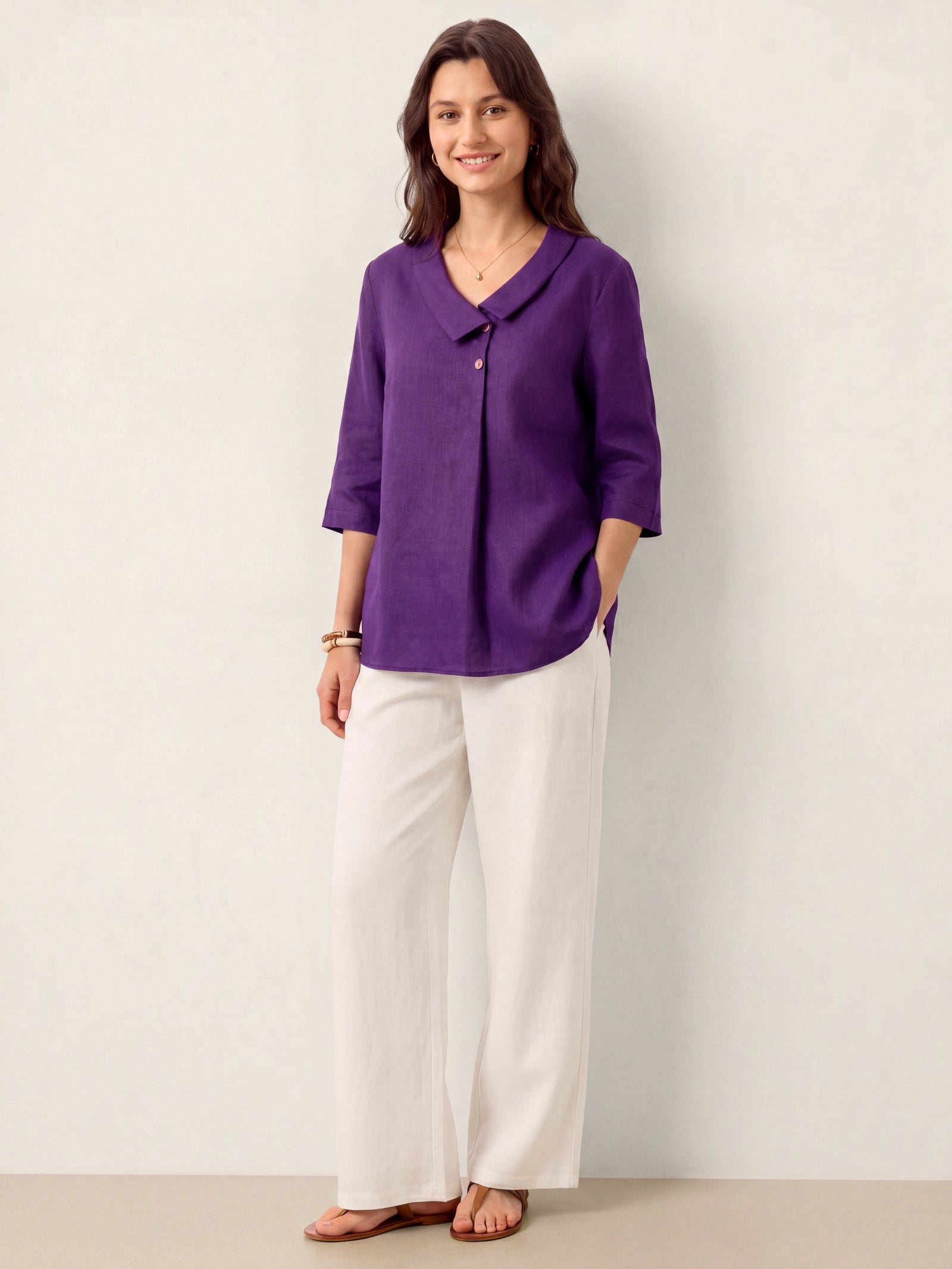 100% Linen Asymmetric Collar Inverted Pleat Top OTTILIE LINTICO