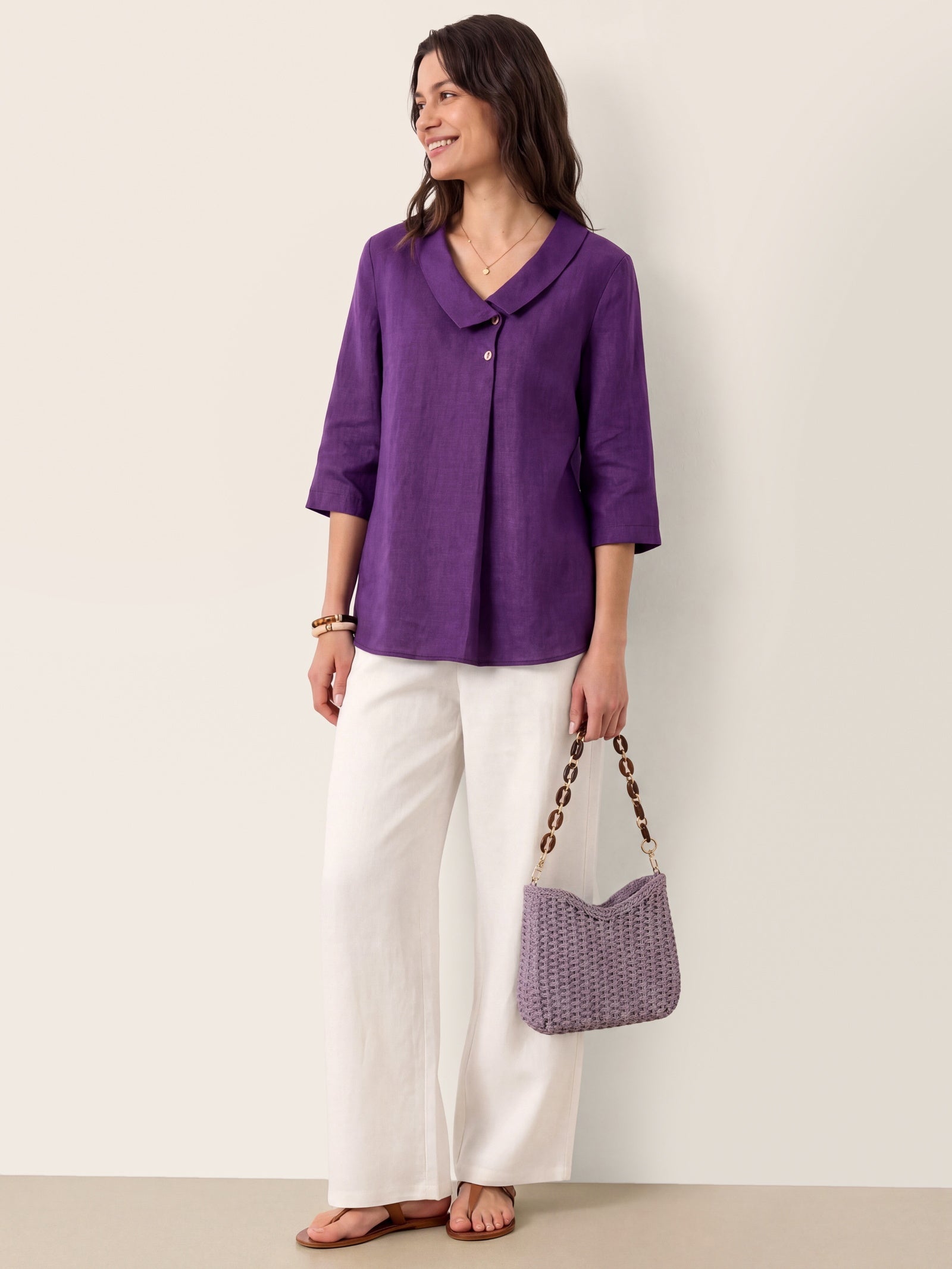 100% Linen Asymmetric Collar Inverted Pleat Top OTTILIE LINTICO
