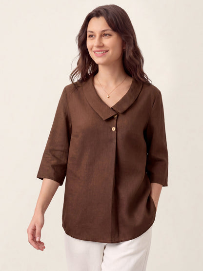 100% Linen Asymmetric Collar Inverted Pleat Top OTTILIE LINTICO