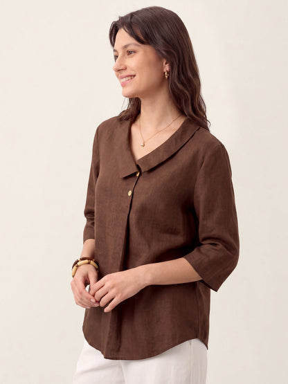100% Linen Asymmetric Collar Inverted Pleat Top OTTILIE LINTICO