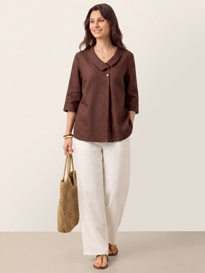 100% Linen Asymmetric Collar Inverted Pleat Top OTTILIE LINTICO