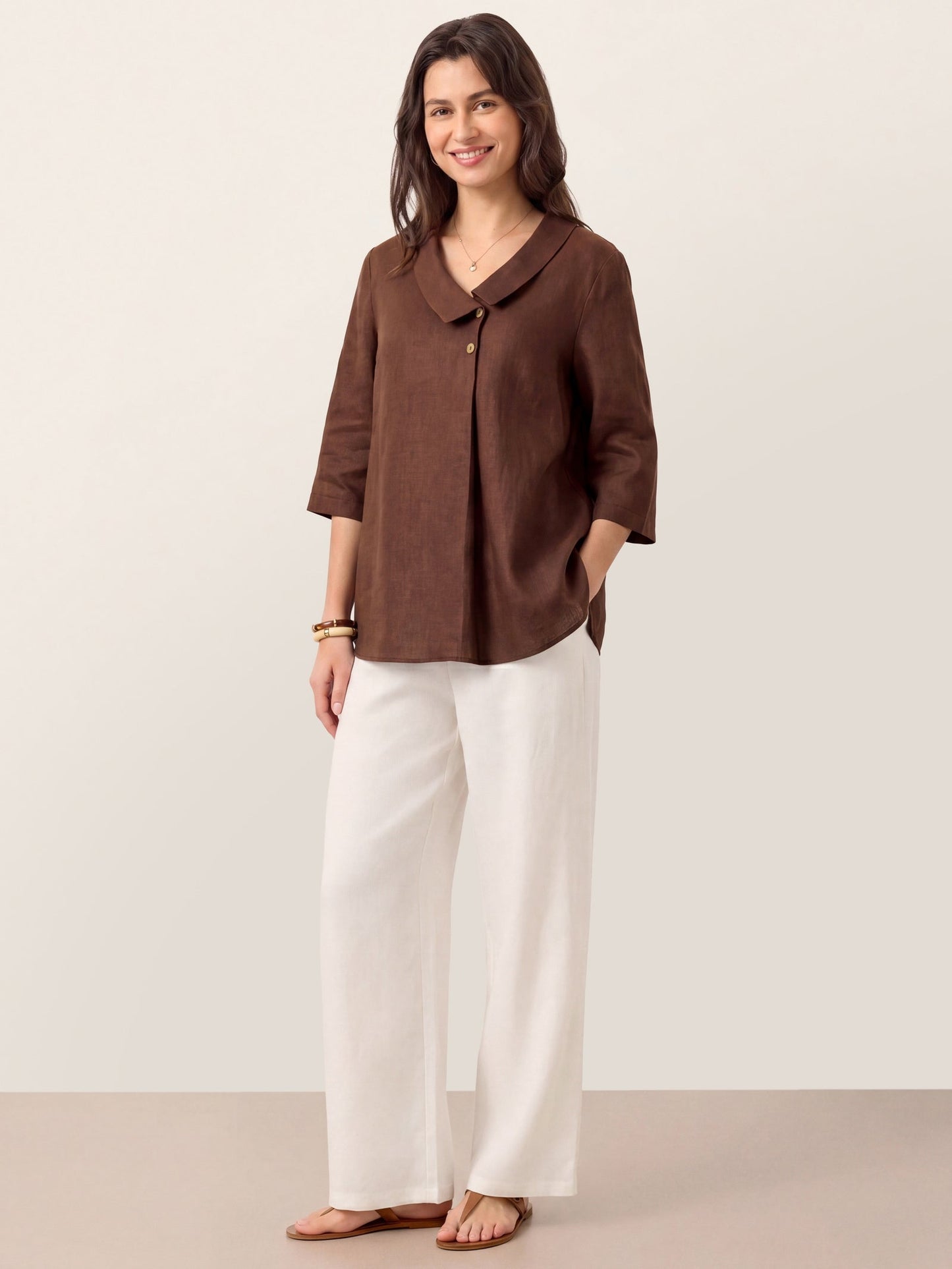 100% Linen Asymmetric Collar Inverted Pleat Top OTTILIE LINTICO