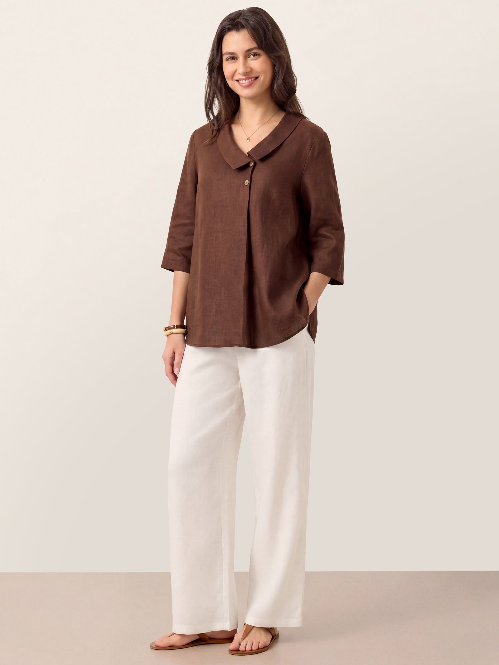 100% Linen Asymmetric Collar Inverted Pleat Top OTTILIE LINTICO