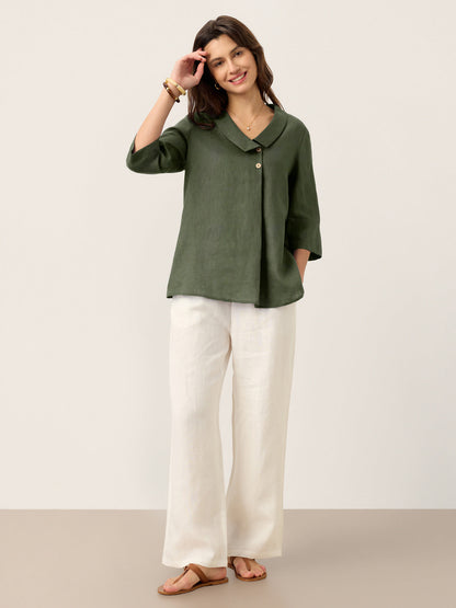 100% Linen Asymmetric Collar Inverted Pleat Top OTTILIE LINTICO