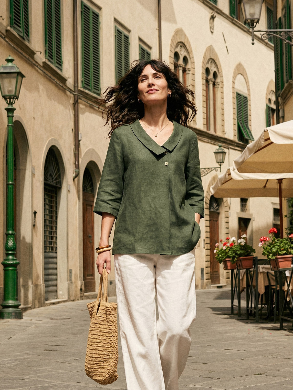 100% Linen Asymmetric Collar Inverted Pleat Top OTTILIE LINTICO