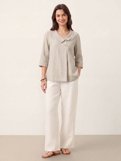 100% Linen Asymmetric Collar Inverted Pleat Top OTTILIE LINTICO